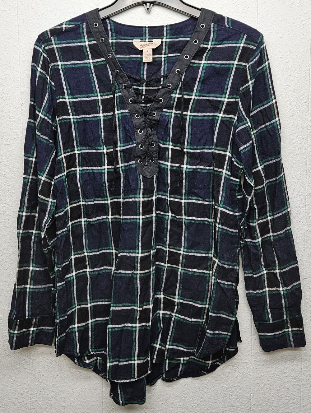 Vintage Arizona Plaid Lace-Up Tunic Shirt Top Womens S Casual Grunge Dark Boho